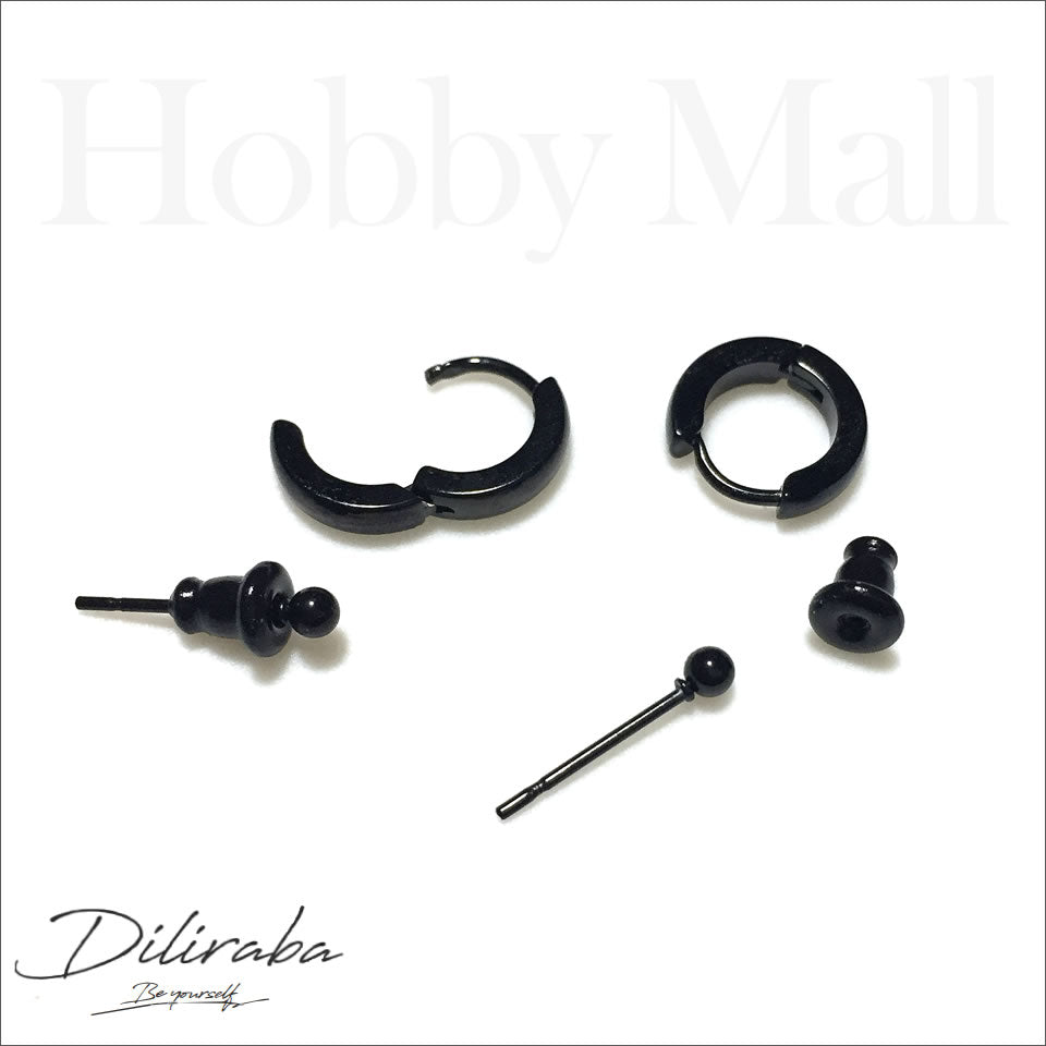 Diliraba ピアス（両耳用）DEU06A0002 サージカルステンレス（316）フープ＆ボールピアスセット　ブラック