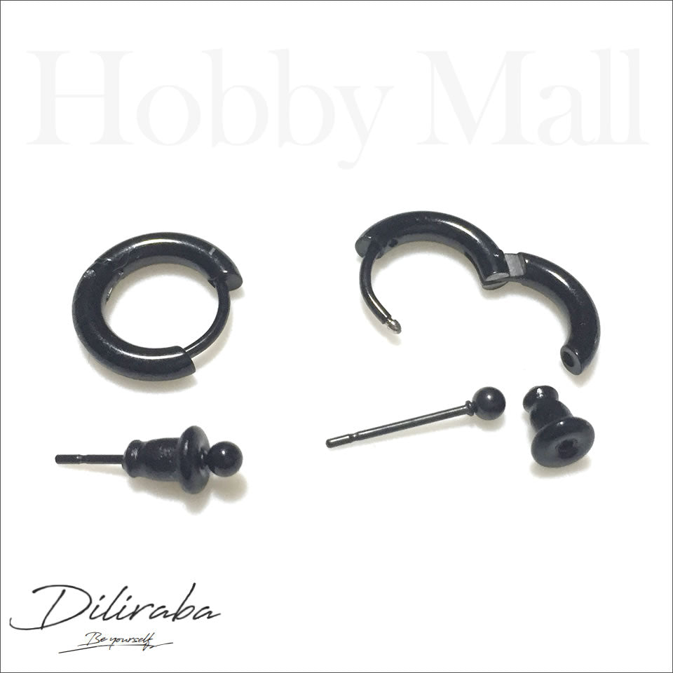 Diliraba ピアス（両耳用）DEU06A0014 サージカルステンレス（316）フープ＆ボールピアスセット　ブラック